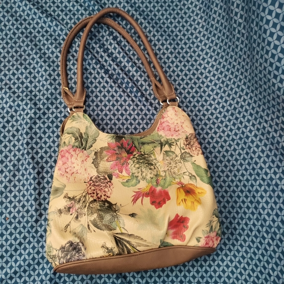 Koltov - 3 Pocket tan purse with brown trim and neutral tone colored flowers. - Picture 8 of 10